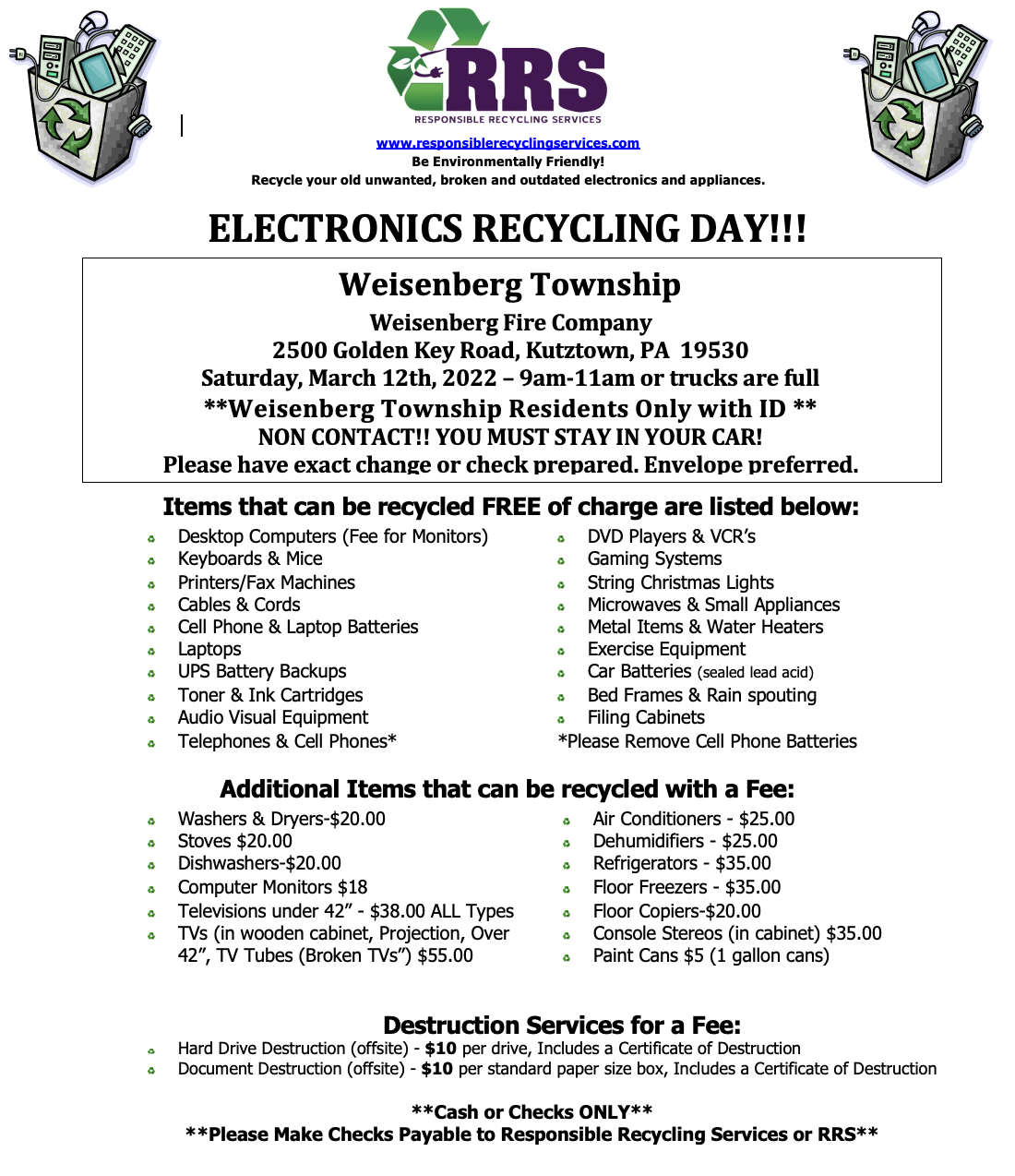 Electronics Recycling Day 3/12/22 Weisenberg Vol. Fire Dept.